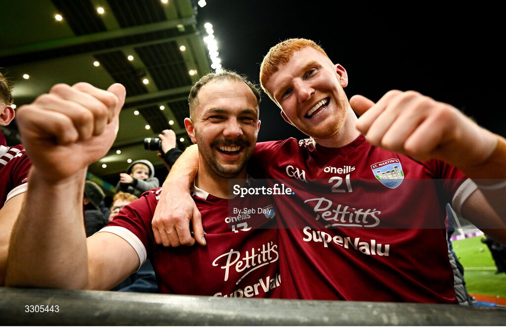6 December 2025; St Martin's players Michael Coleman, left, and Ben Stafford after their side's victory in the AIB Leinster GAA Hurling Senior Club Championship final match between St Martin's of Wexford and Shamrocks Ballyhale of Kilkenny at Croke Park in Dublin. Photo by Seb Daly/Sportsfile