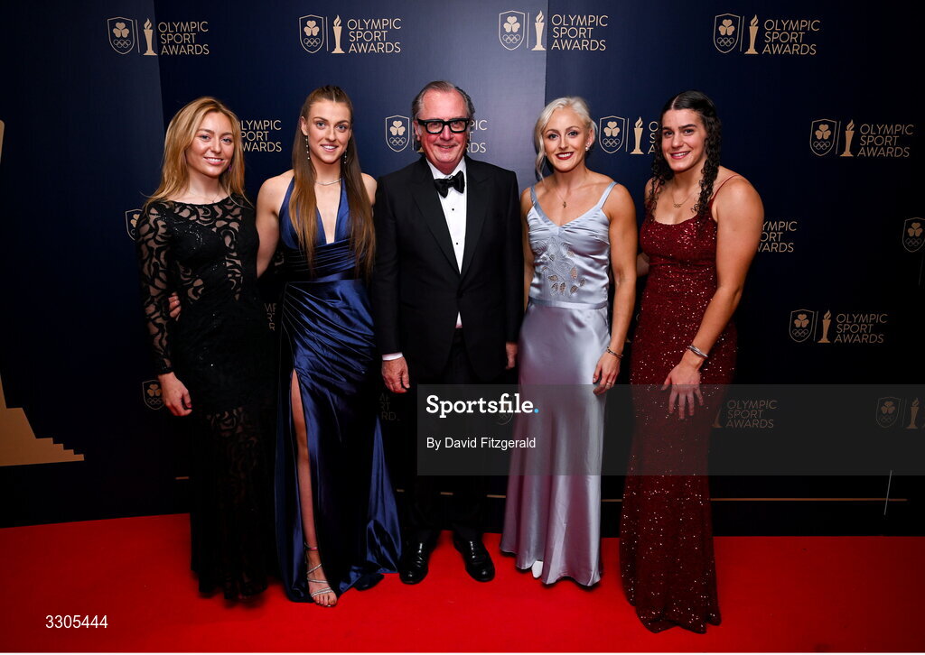 6 December 2025; Mater Private Group Chief Executive John Hurley, centre, with from left, World Champion in Cycling and nominee for Female Athlete of the Year, sponsored by Allianz, Lara Gillespie, World Bronze Medallist in Sailing and nominee for Rising Star, sponsored by Sport Ireland, Eve McMahon, Olympian Sarah Lavin and Olympian Nicola Tuthill during the Team Ireland Olympic Sport Awards 2025 at The Royal Convention Centre in Dublin. Photo by David Fitzgerald/Sportsfile