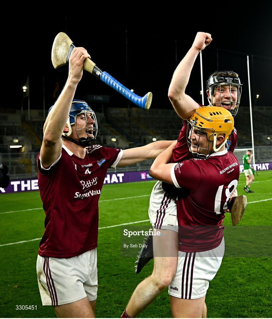 6 December 2025; St Martin's players, from left, Joe Barrett, David Codd and Michael Codd after their side's victory in the AIB Leinster GAA Hurling Senior Club Championship final match between St Martin's of Wexford and Shamrocks Ballyhale of Kilkenny at Croke Park in Dublin. Photo by Seb Daly/Sportsfile