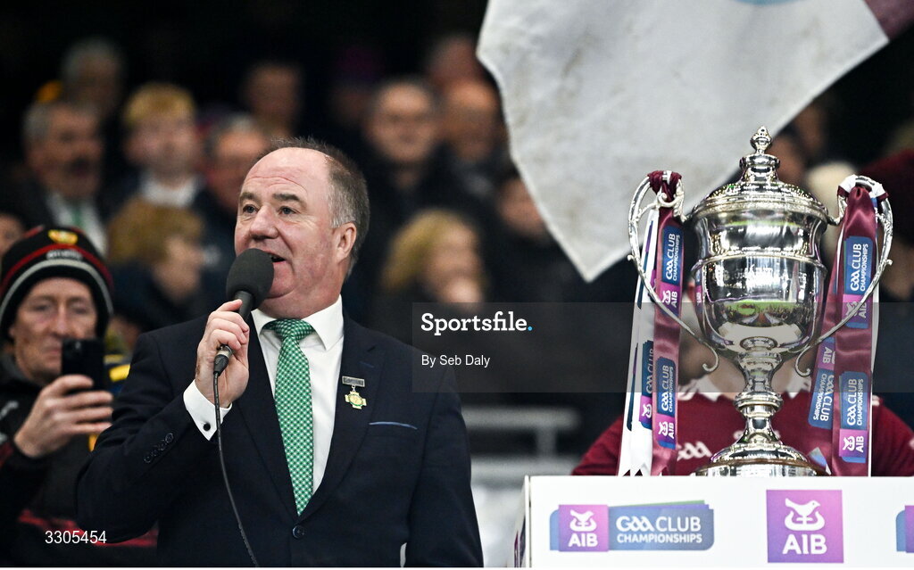 6 December 2025; Leinster GAA chairman Derek Kent speaking after the AIB Leinster GAA Hurling Senior Club Championship final match between St Martin's of Wexford and Shamrocks Ballyhale of Kilkenny at Croke Park in Dublin. Photo by Seb Daly/Sportsfile