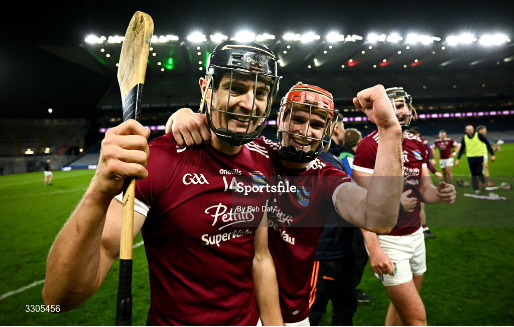 6 December 2025; St Martin's players Diarmuid O Leary, right, and Jack O’Connor after their side's victory in the AIB Leinster GAA Hurling Senior Club Championship final match between St Martin's of Wexford and Shamrocks Ballyhale of Kilkenny at Croke Park in Dublin. Photo by Seb Daly/Sportsfile