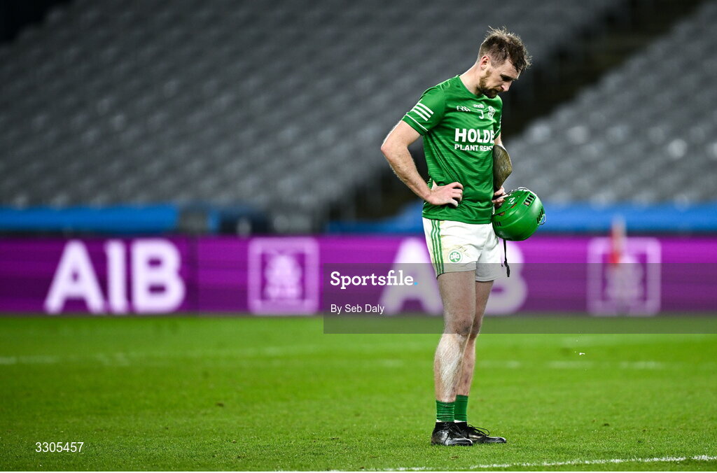 6 December 2025; Joey Holden of Shamrocks Ballyhale after his side's defeat in the AIB Leinster GAA Hurling Senior Club Championship final match between St Martin's of Wexford and Shamrocks Ballyhale of Kilkenny at Croke Park in Dublin. Photo by Seb Daly/Sportsfile