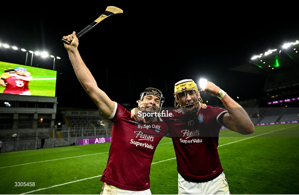 6 December 2025; St Martin's players Jack O’Connor, left, and Barry O’Connor celebrate after their side's victory in the AIB Leinster GAA Hurling Senior Club Championship final match between St Martin's of Wexford and Shamrocks Ballyhale of Kilkenny at Croke Park in Dublin. Photo by Seb Daly/Sportsfile