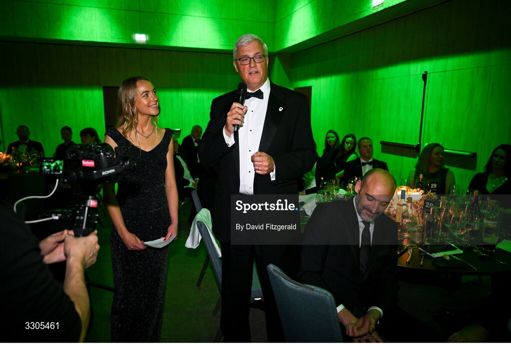 6 December 2025; Olympic Federation of Ireland board member Olympian John Menton speaking during the Team Ireland Olympic Sport Awards 2025 at The Royal Convention Centre in Dublin. Photo by David Fitzgerald/Sportsfile