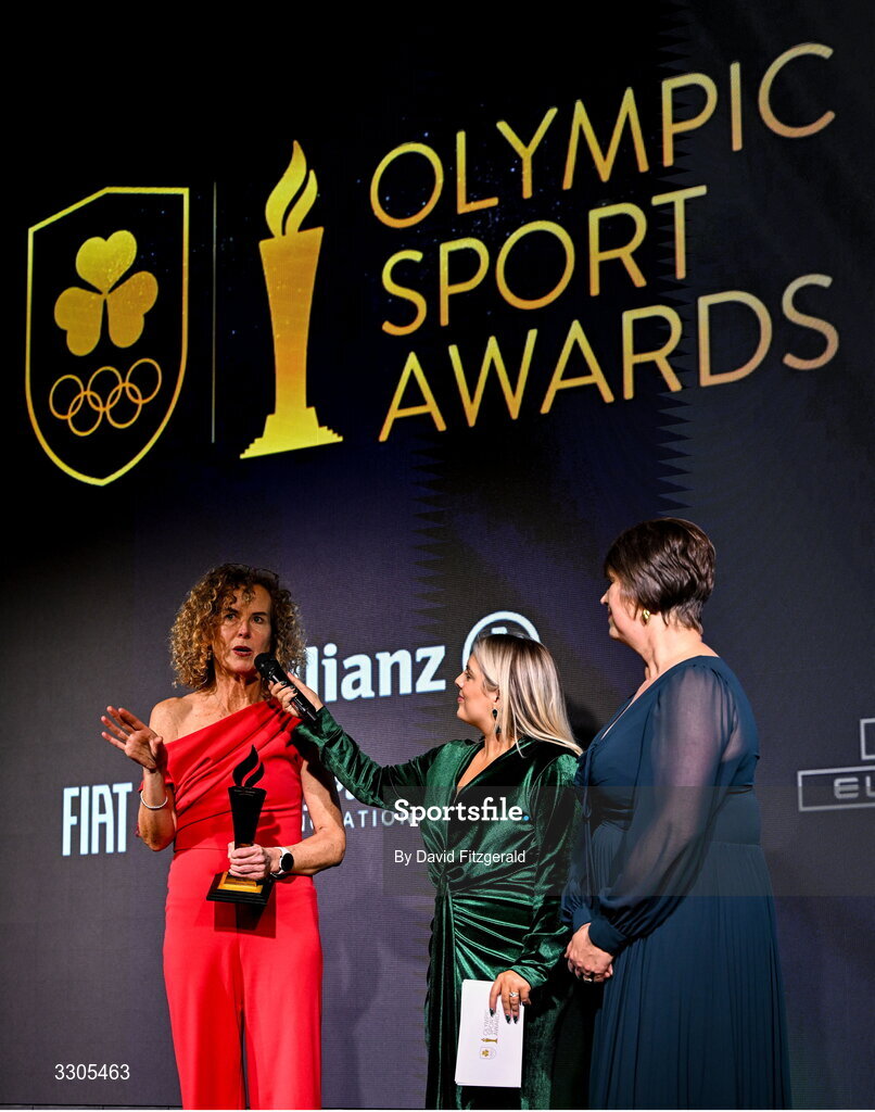 6 December 2025; Inbhear Dee Athletics Club’s Eithne Walsh, left, & Anne-Marie Kelly, right, are interviewed by MC Valerie Wheeler, whilst collecting the Community Impact Award, sponsored by SPAR/EUROSPAR during the Team Ireland Olympic Sport Awards 2025 at The Royal Convention Centre in Dublin. Photo by David Fitzgerald/Sportsfile
