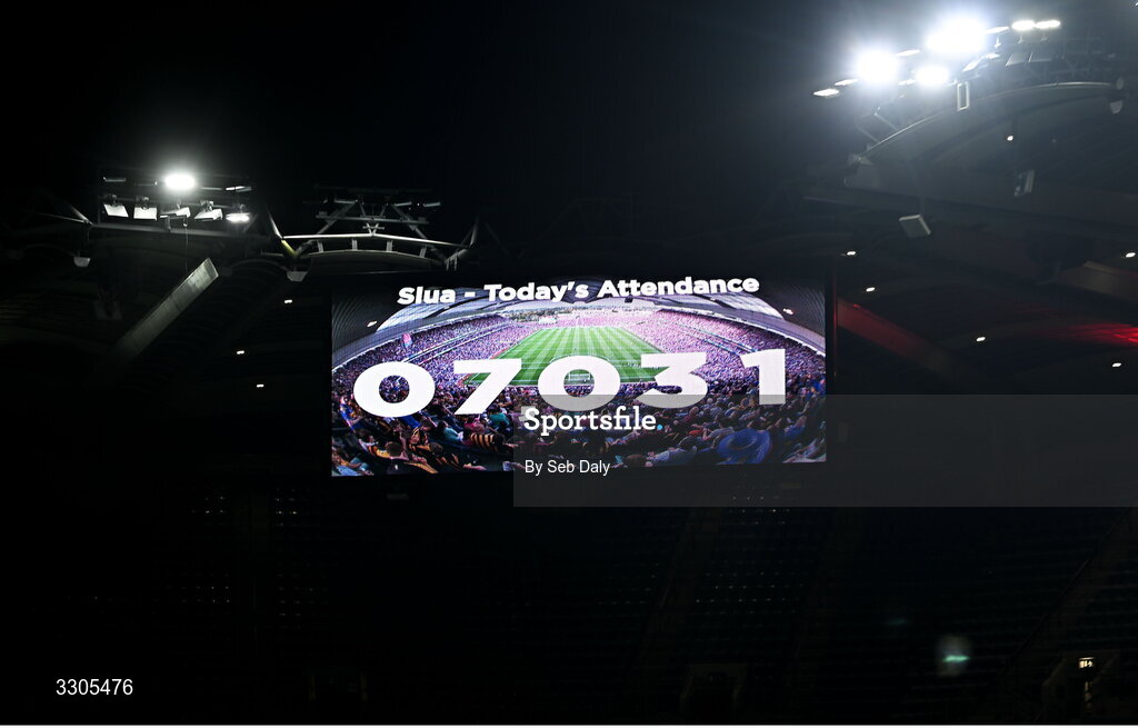 6 December 2025; The attendance is shown on the big screen during the AIB Leinster GAA Hurling Senior Club Championship final match between St Martin's of Wexford and Shamrocks Ballyhale of Kilkenny at Croke Park in Dublin. Photo by Seb Daly/Sportsfile