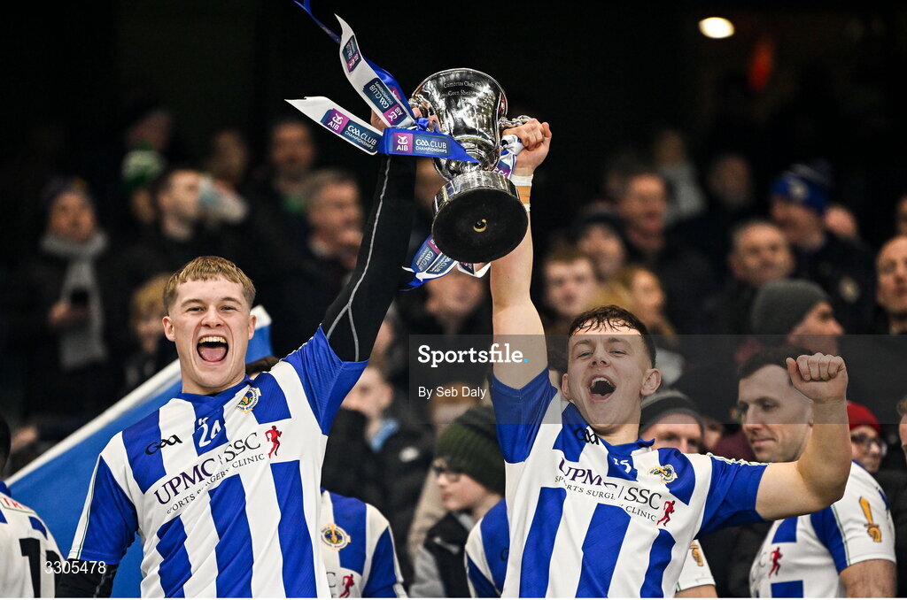 6 December 2025; Ballyboden St Enda's players David Keogh, left, and Daire Sweeney lift the Seán McCabe Cup after their side's victory in the AIB Leinster GAA Football Senior Club Championship final match between Athy of Kildare and Ballyboden St Enda's  of Dublin at Croke Park in Dublin. Photo by Seb Daly/Sportsfile