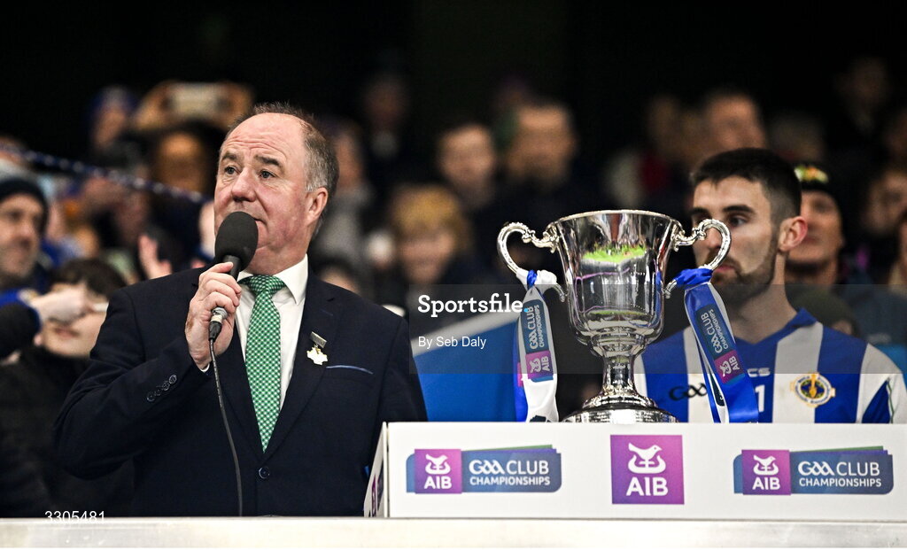 6 December 2025; Leinster GAA chairman Derek Kent speaking after the AIB Leinster GAA Football Senior Club Championship final match between Athy of Kildare and Ballyboden St Enda's of Dublin at Croke Park in Dublin. Photo by Seb Daly/Sportsfile