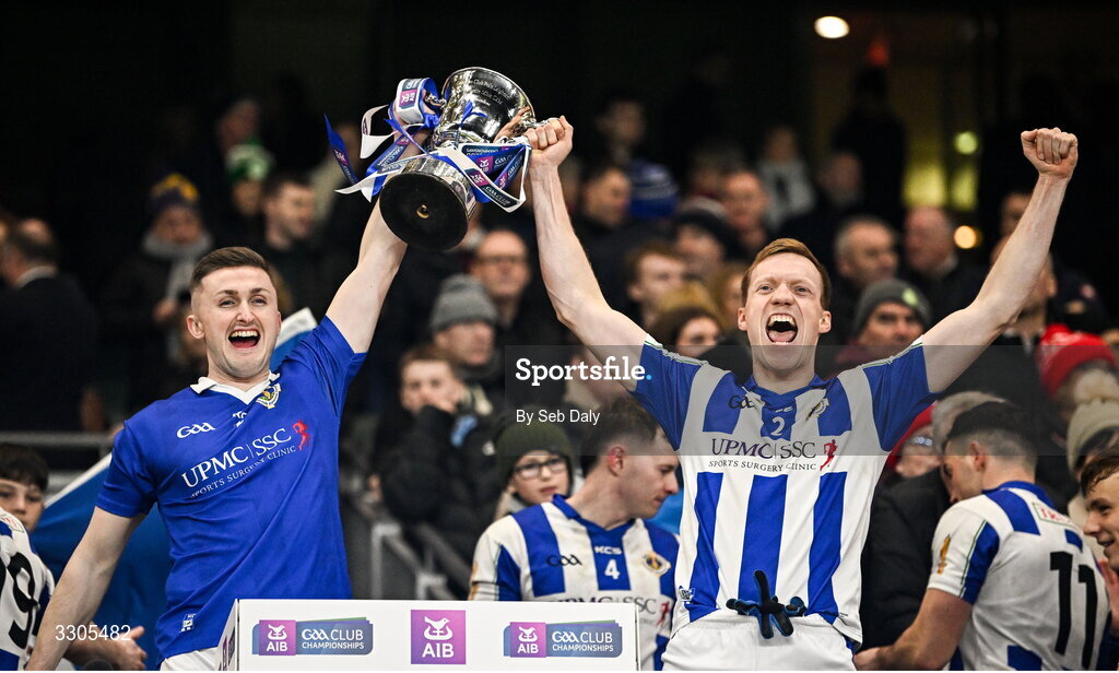 6 December 2025; Ballyboden St Enda's players Darragh Gogan, left, and Brian Bobbett lift the Seán McCabe Cup after their side's victory in the AIB Leinster GAA Football Senior Club Championship final match between Athy of Kildare and Ballyboden St Enda's  of Dublin at Croke Park in Dublin. Photo by Seb Daly/Sportsfile