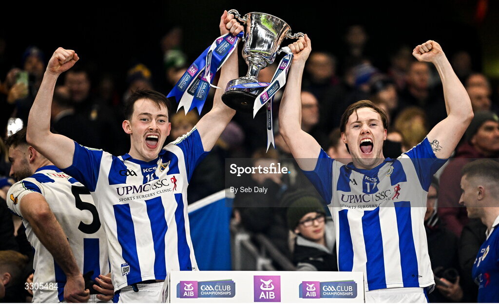 6 December 2025; Ballyboden St Enda's players Ryan Baynes, left, and Kieran Kennedy, lift the Seán McCabe Cup after their side's victory in the AIB Leinster GAA Football Senior Club Championship final match between Athy of Kildare and Ballyboden St Enda's  of Dublin at Croke Park in Dublin. Photo by Seb Daly/Sportsfile