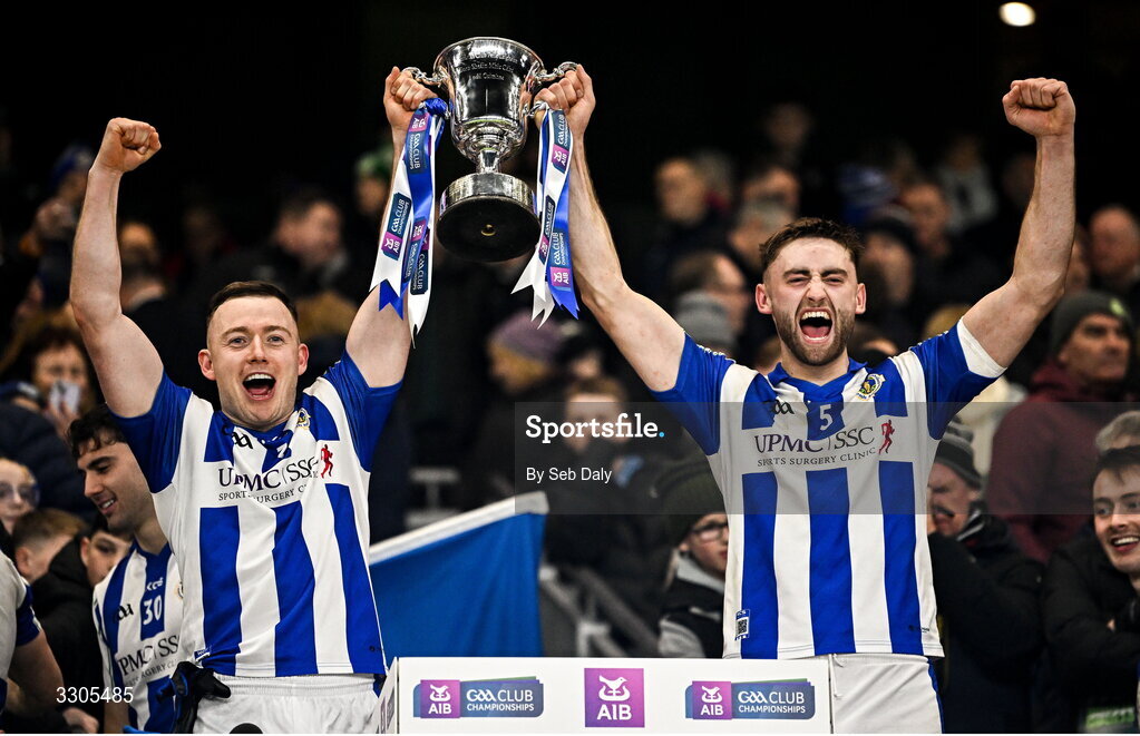 6 December 2025; Ballyboden St Enda's players Cathal Flaherty, left, and Patrick Dunleavy lift the Seán McCabe Cup after their side's victory in the AIB Leinster GAA Football Senior Club Championship final match between Athy of Kildare and Ballyboden St Enda's  of Dublin at Croke Park in Dublin. Photo by Seb Daly/Sportsfile