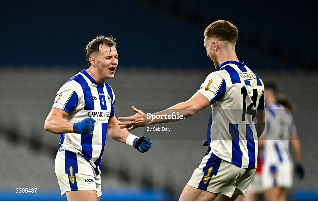 6 December 2025; Ballyboden St Enda's players Peter Healy, left, and Ryan O’Dwyer celebrate at the final whistle after their side's victory in the AIB Leinster GAA Football Senior Club Championship final match between Athy of Kildare and Ballyboden St Enda's of Dublin at Croke Park in Dublin. Photo by Seb Daly/Sportsfile