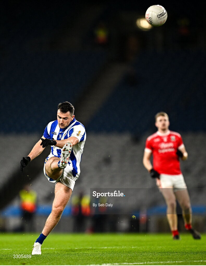 6 December 2025; Colm Basquel of Ballyboden St Enda’s kicks a two-point score during the AIB Leinster GAA Football Senior Club Championship final match between Athy of Kildare and Ballyboden St Enda's of Dublin at Croke Park in Dublin. Photo by Seb Daly/Sportsfile