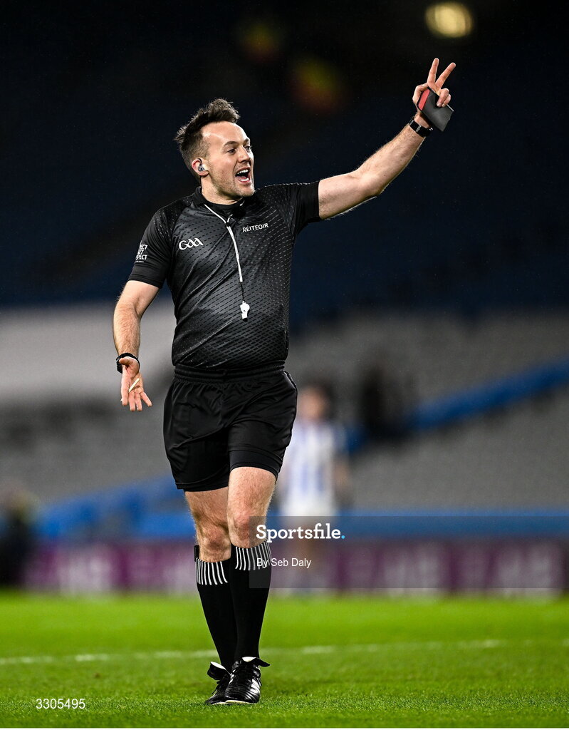 6 December 2025; Referee Alan Coyne during the AIB Leinster GAA Football Senior Club Championship final match between Athy of Kildare and Ballyboden St Enda's  of Dublin at Croke Park in Dublin. Photo by Seb Daly/Sportsfile