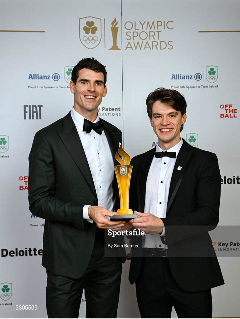 6 December 2025; World Bronze Medallists in Rowing, Fintan McCarthy, right, and Philip Doyle with their Team of the Year Award, sponsored by Flogas, during the Team Ireland Olympic Sport Awards 2025 at The Royal Convention Centre in Dublin. Photo by Sam Barnes/Sportsfile