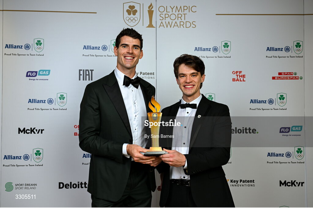 6 December 2025; World Bronze Medallists in Rowing, Fintan McCarthy, right, and Philip Doyle with their Team of the Year Award, sponsored by Flogas, during the Team Ireland Olympic Sport Awards 2025 at The Royal Convention Centre in Dublin. Photo by Sam Barnes/Sportsfile