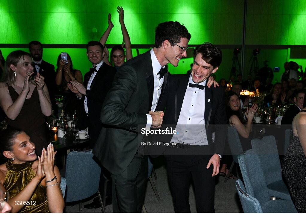 6 December 2025; World Bronze Medallists in Rowing, Fintan McCarthy, right, and Philip Doyle, make their way to the stage to collect their Team of the Year Award, sponsored by Flogas, during the Team Ireland Olympic Sport Awards 2025 at The Royal Convention Centre in Dublin. Photo by David Fitzgerald/Sportsfile
