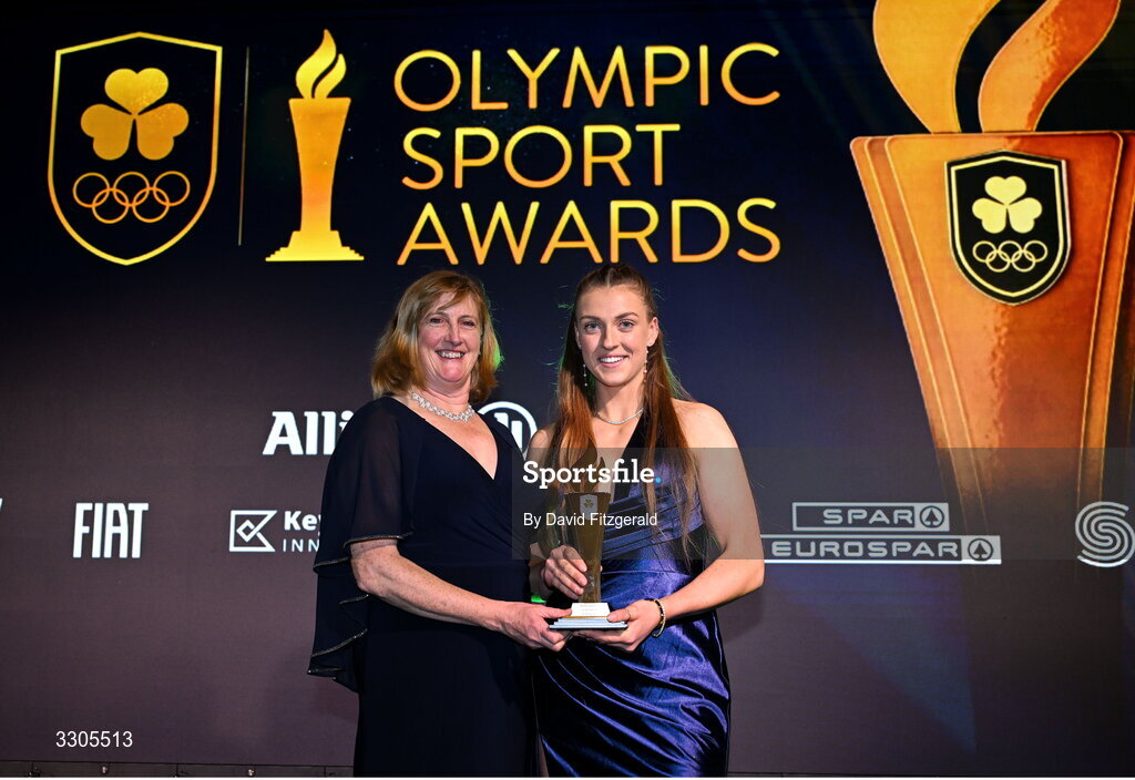 6 December 2025; World Bronze Medallist in Sailing, Eve McMahon, is presented with the Rising Star Award, sponsored by Sport Ireland, by Dr Una May, CEO of Sport Ireland, during the Team Ireland Olympic Sport Awards 2025 at The Royal Convention Centre in Dublin. Photo by David Fitzgerald/Sportsfile
