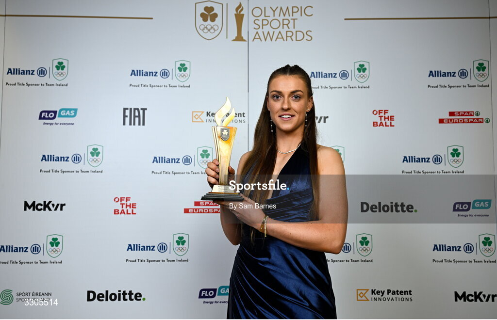 6 December 2025; World Bronze Medallist in Sailing, Eve McMahon, pictured with her Rising Star Award, sponsored by Sport Ireland, during the Team Ireland Olympic Sport Awards 2025 at The Royal Convention Centre in Dublin. Photo by Sam Barnes/Sportsfile