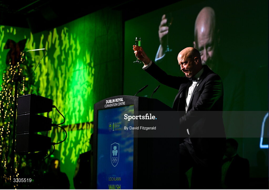 6 December 2025; Olympic Federation of Ireland President, Lochlann Walsh addresses the audience during the Team Ireland Olympic Sport Awards 2025 at The Royal Convention Centre in Dublin. Photo by David Fitzgerald/Sportsfile