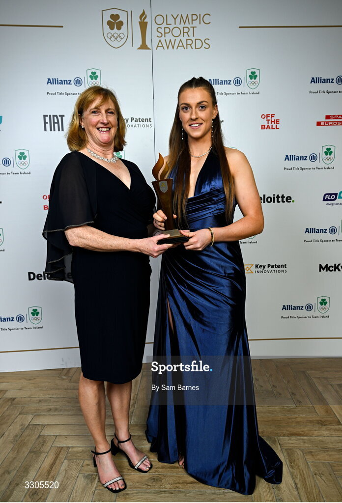 6 December 2025; World Bronze Medallist in Sailing, Eve McMahon, is presented with the Rising Star Award, sponsored by Sport Ireland, by Dr Una May, CEO of Sport Ireland, during the Team Ireland Olympic Sport Awards 2025 at The Royal Convention Centre in Dublin. Photo by Sam Barnes/Sportsfile