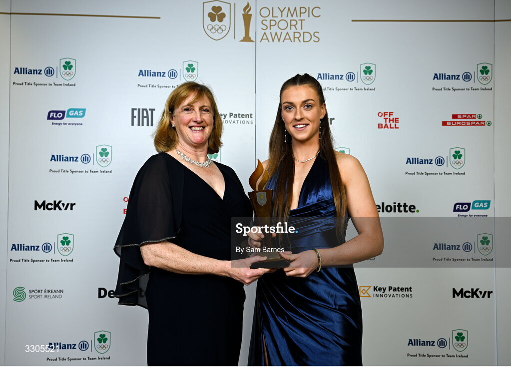 6 December 2025; World Bronze Medallist in Sailing, Eve McMahon, is presented with the Rising Star Award, sponsored by Sport Ireland, by Dr Una May, CEO of Sport Ireland, during the Team Ireland Olympic Sport Awards 2025 at The Royal Convention Centre in Dublin. Photo by Sam Barnes/Sportsfile