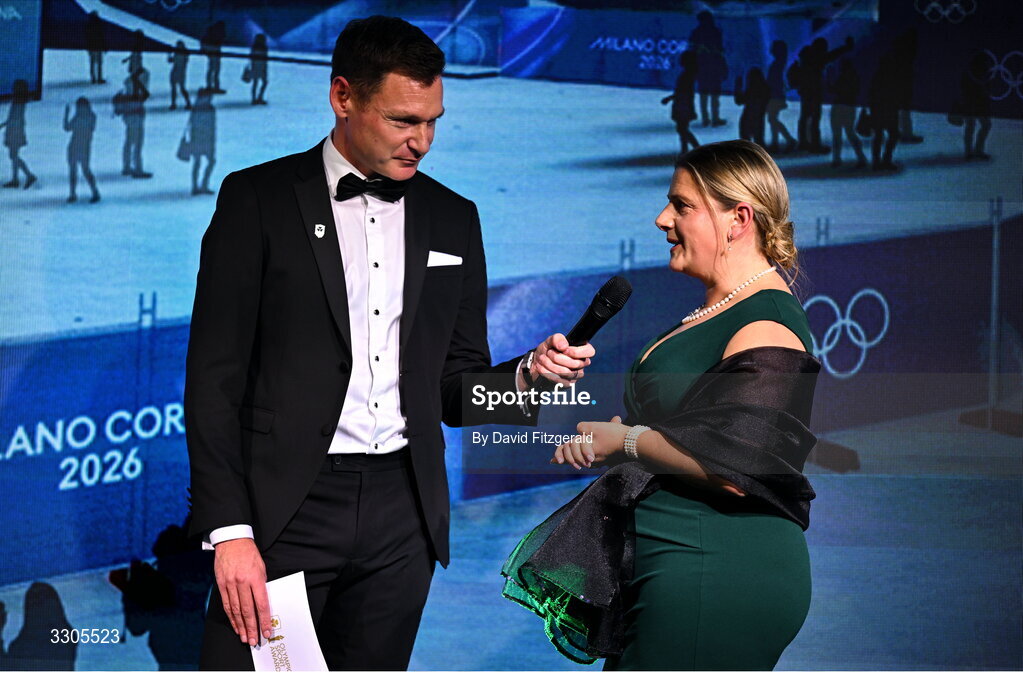 6 December 2025; Team Ireland Chef de Mission for Milano Cortina 2026, Nancy Chillingworth is interviewed by MC David Gillick during the Team Ireland Olympic Sport Awards 2025 at The Royal Convention Centre in Dublin. Photo by David Fitzgerald/Sportsfile