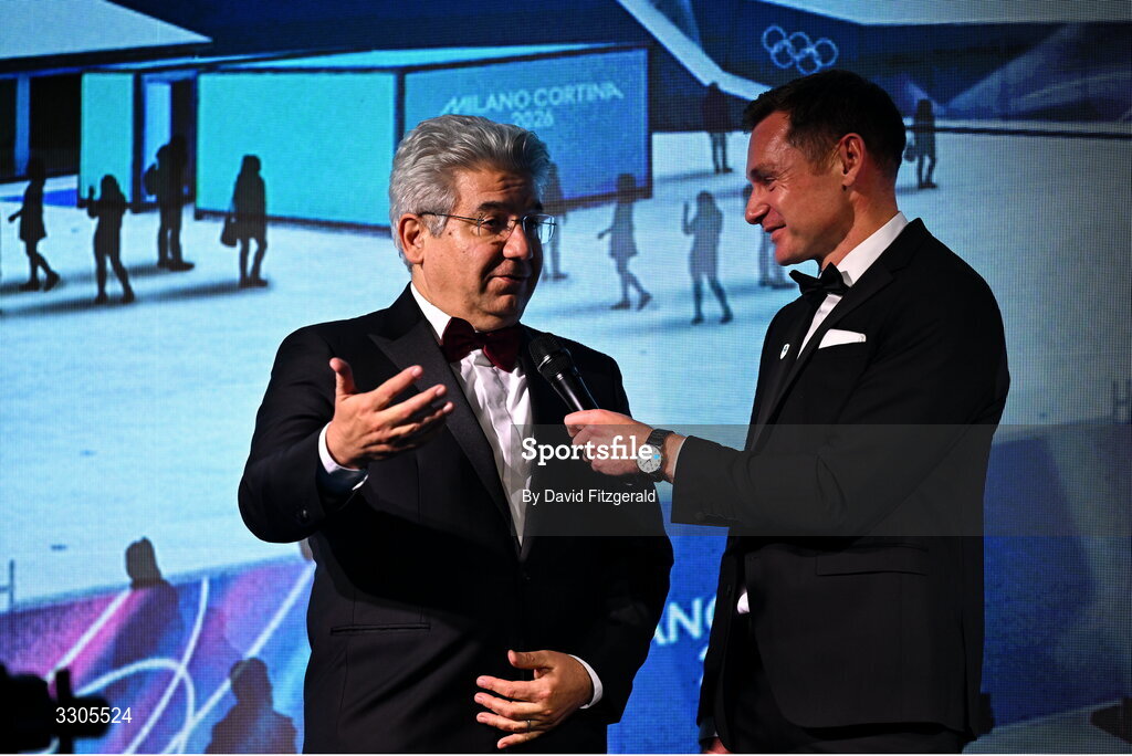6 December 2025; Ambassador of Italy to Ireland, Nicola Faganello, left, is interviewed by MC David Gillick during the Team Ireland Olympic Sport Awards 2025 at The Royal Convention Centre in Dublin. Photo by David Fitzgerald/Sportsfile