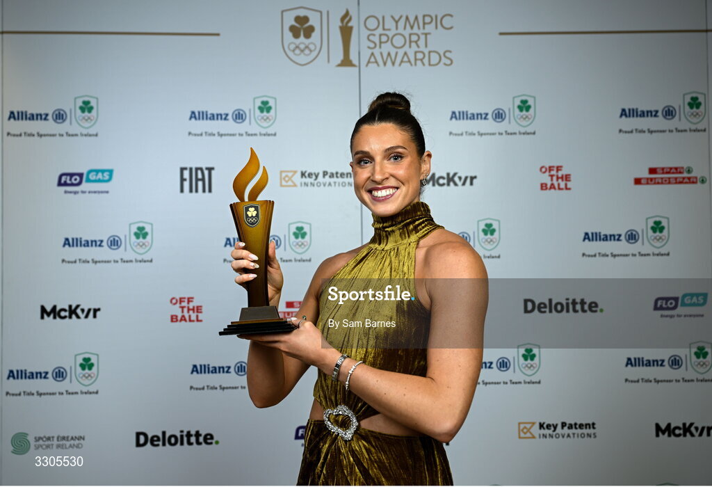 6 December 2025; World Silver Medallist in Heptathlon Kate O'Connor pictured with her Female Athlete of the Year Award, sponsored by Allianz, during the Team Ireland Olympic Sport Awards 2025 at The Royal Convention Centre in Dublin. Photo by Sam Barnes/Sportsfile