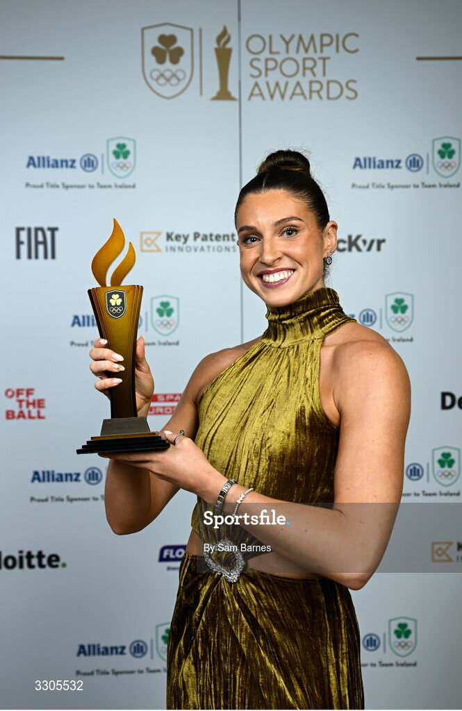 6 December 2025; World Silver Medallist in Heptathlon Kate O'Connor pictured with her Female Athlete of the Year Award, sponsored by Allianz, during the Team Ireland Olympic Sport Awards 2025 at The Royal Convention Centre in Dublin. Photo by Sam Barnes/Sportsfile