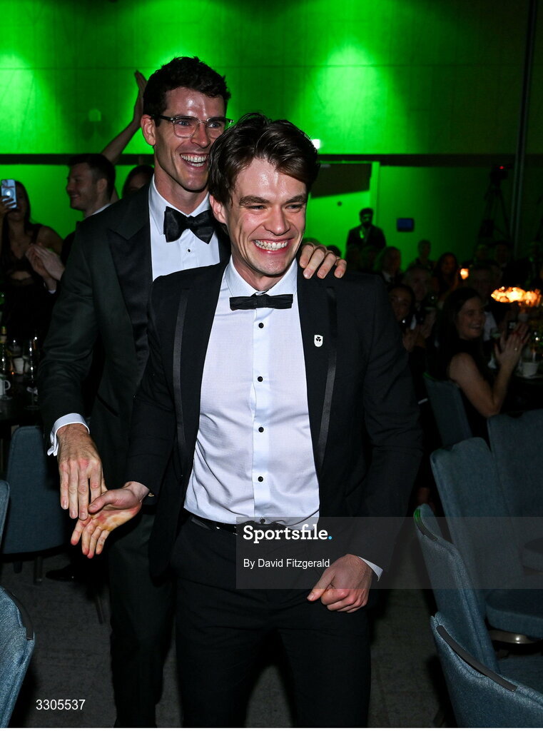 6 December 2025; World Bronze Medallists in Rowing, Fintan McCarthy , right, and Philip Doyle, make their way to the stage to collect their Team of the Year Award, sponsored by Flogas, during the Team Ireland Olympic Sport Awards 2025 at The Royal Convention Centre in Dublin. Photo by David Fitzgerald/Sportsfile