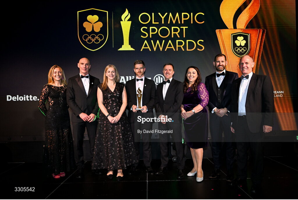 6 December 2025; Representatives of Cycling Ireland are presented with the High Performance Programme of the Year Award, sponsored by Deloitte, by Sinead Gogan, Chief Human Resources Officer at Deloitte Ireland, third from left, during the Team Ireland Olympic Sport Awards 2025 at The Royal Convention Centre in Dublin. Photo by David Fitzgerald/Sportsfile