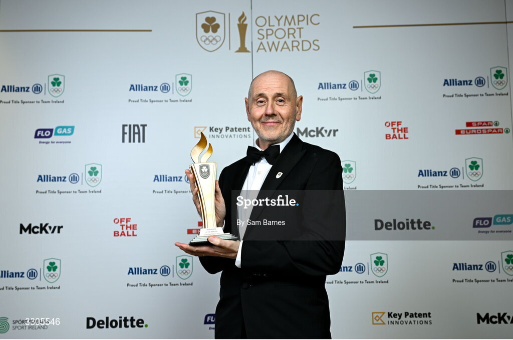 6 December 2025; Brian McIlroy, representing his nephew Rory McIlroy, is pictured with the Male Athlete of the Year Award, sponsored by Allianz, during the Team Ireland Olympic Sport Awards 2025 at The Royal Convention Centre in Dublin. Photo by Sam Barnes/Sportsfile