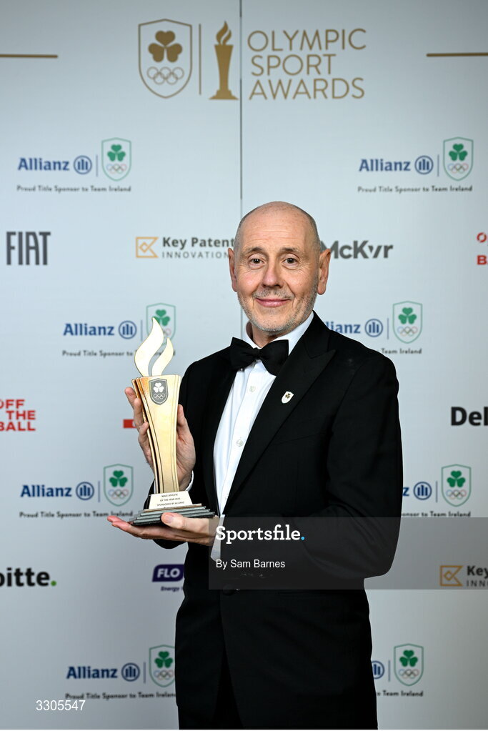 6 December 2025; Brian McIlroy, representing his nephew Rory McIlroy, is pictured with the Male Athlete of the Year Award, sponsored by Allianz, during the Team Ireland Olympic Sport Awards 2025 at The Royal Convention Centre in Dublin. Photo by Sam Barnes/Sportsfile