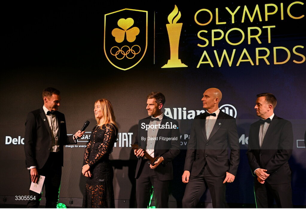 6 December 2025; World Champion in Cycling and nominee for Female Athlete of the Year, sponsored by Allianz, Lara Gillespie, left, is interviewed my MC David Gillick, after collecting the High Performance Programme of the Year Award, sponsored by Deloitte, during the Team Ireland Olympic Sport Awards 2025 at The Royal Convention Centre in Dublin. Photo by David Fitzgerald/Sportsfile