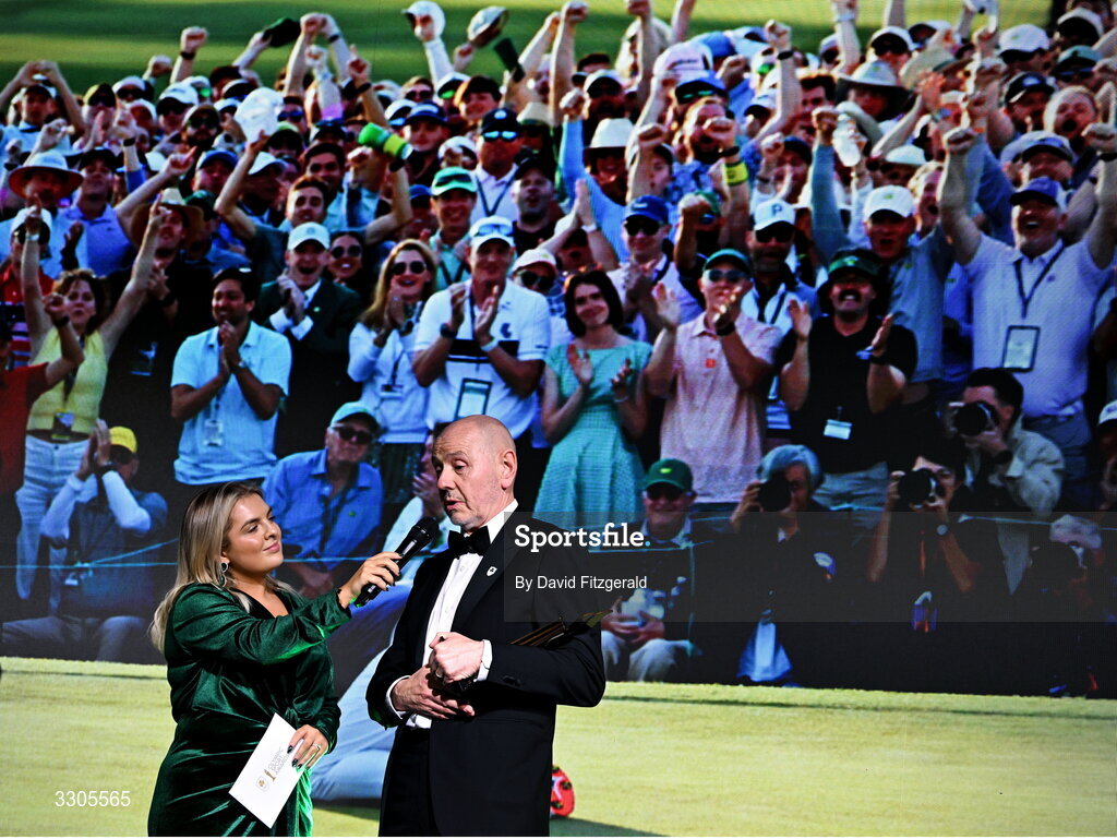 6 December 2025; Brian McIlroy, representing his nephew Rory McIlroy, is interviewed by MC Valerie Wheeler, after collecting the Male Athlete of the Year Award, sponsored by Allianz, during the Team Ireland Olympic Sport Awards 2025 at The Royal Convention Centre in Dublin. Photo by David Fitzgerald/Sportsfile
