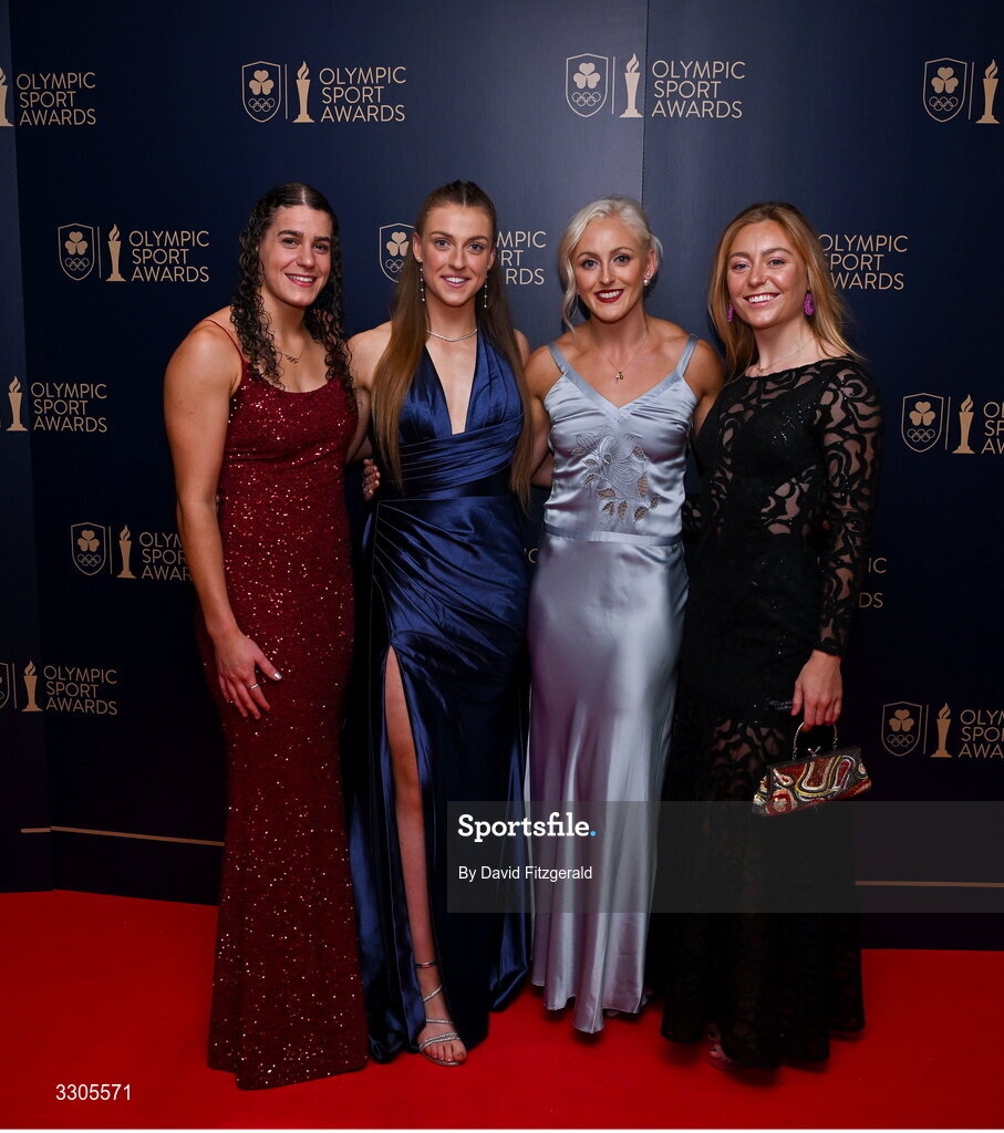 6 December 2025; Olympian Nicola Tuthill, World Bronze Medallist in Sailing and nominee for Rising Star, sponsored by Sport Ireland, Eve McMahon, Olympian Sarah Lavin and World Champion in Cycling and nominee for Female Athlete of the Year, sponsored by Allianz, Lara Gillespie, during the Team Ireland Olympic Sport Awards 2025 at The Royal Convention Centre in Dublin. Photo by David Fitzgerald/Sportsfile