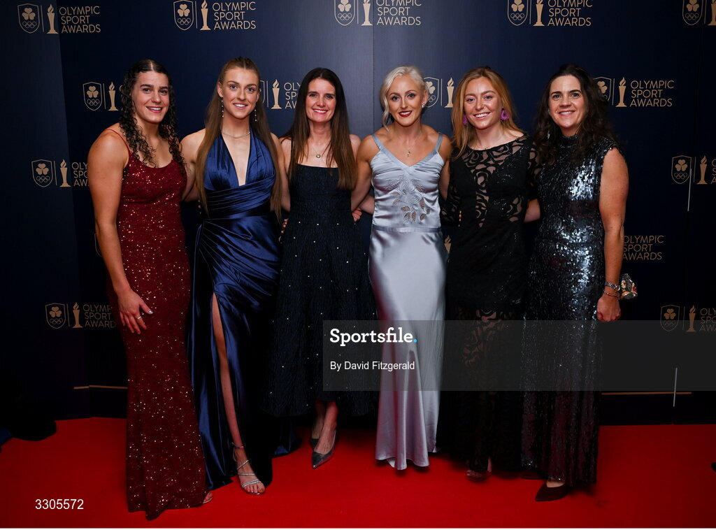 6 December 2025; Mater Private Chief Operations Officer Nikki Kane, centre, and Mater Private Group Director of Marketing and Communications Bláithín Liston, far right, with from left, Olympians Nicola Tuthill, World Bronze Medallist in Sailing and nominee for Rising Star, sponsored by Sport Ireland, Eve McMahon, Olympian Sarah Lavin and World Champion in Cycling and nominee for Female Athlete of the Year, sponsored by Allianz, Lara Gillespie, during the Team Ireland Olympic Sport Awards 2025 at The Royal Convention Centre in Dublin. Photo by David Fitzgerald/Sportsfile