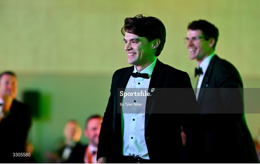 6 December 2025; World Bronze Medallists in Rowing, Fintan McCarthy, left, and Philip Doyle, make their way onto the stage to collect the Team of the Year Award, sponsored by Flogas, by John Rooney, Managing Director at Flogas,during the Team Ireland Olympic Sport Awards 2025 at The Royal Convention Centre in Dublin. Photo by Tyler Miller/Sportsfile