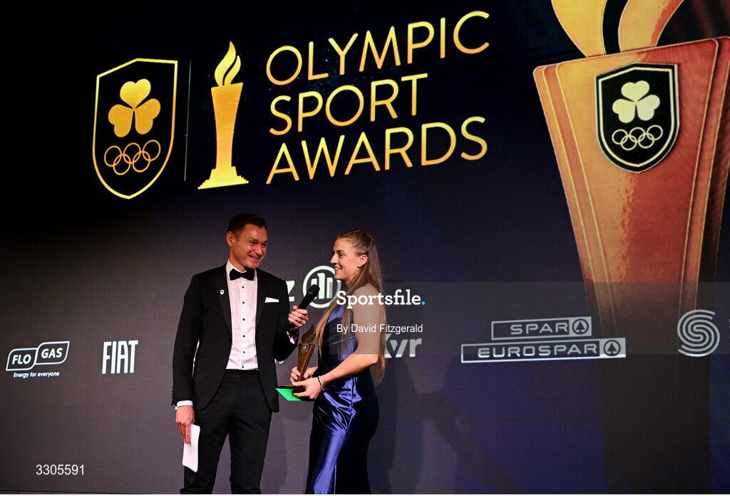 6 December 2025; World Bronze Medallist in Sailing, Eve McMahon is interviewed by MC David Gillick after collecting her Rising Star Award, sponsored by Sport Ireland, at The Royal Convention Centre in Dublin. Photo by David Fitzgerald/Sportsfile