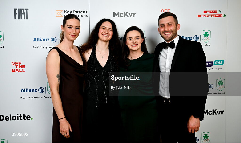 6 December 2025; Guests from left, Genie Coughran, canoer Cleo Pitcher Farrell, Aisling Orange and Jake Cochrane during the Team Ireland Olympic Sport Awards 2025 at The Royal Convention Centre in Dublin. Photo by Tyler Miller/Sportsfile