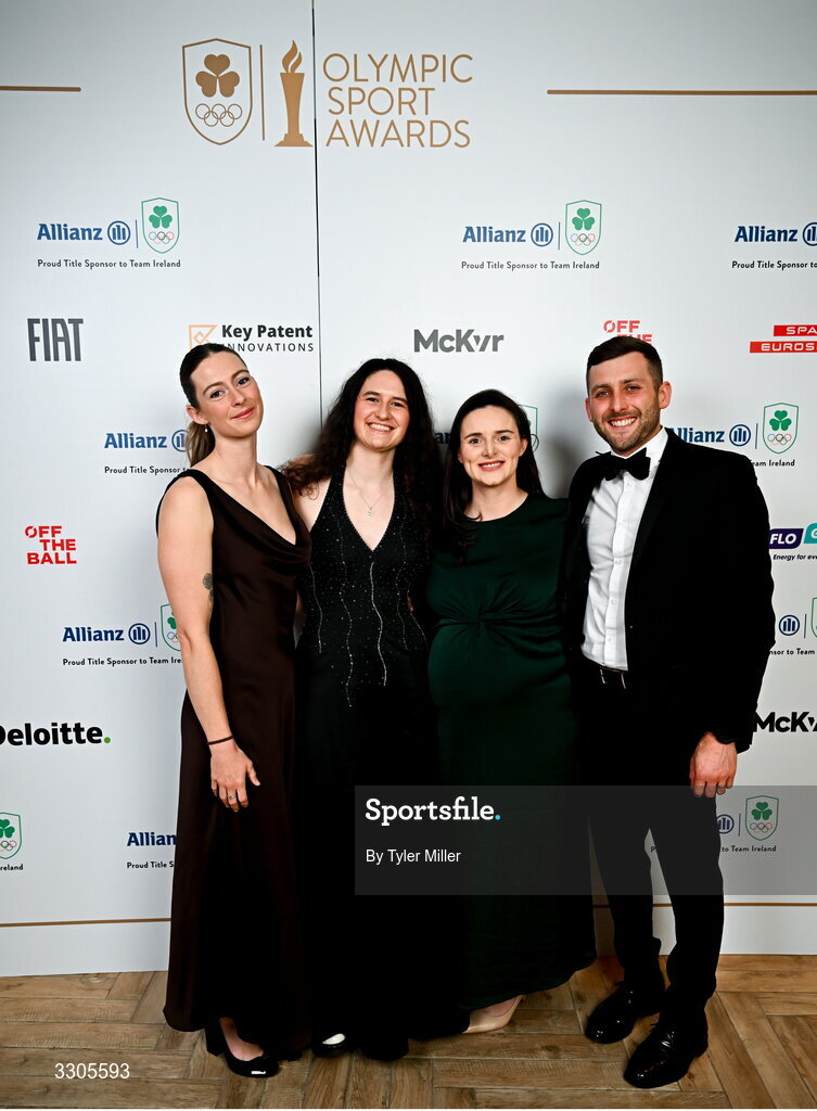 6 December 2025; Guests from left, Genie Coughran, canoer Cleo Pitcher Farrell, Aisling Orange and Jake Cochrane during the Team Ireland Olympic Sport Awards 2025 at The Royal Convention Centre in Dublin. Photo by Tyler Miller/Sportsfile