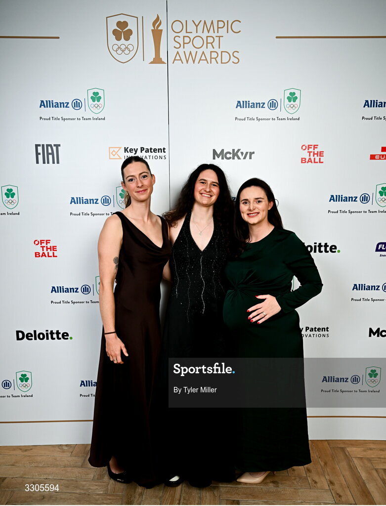 6 December 2025; Guests from left, Genie Coughran, canoer Cleo Pitcher Farrell and Aisling Orange during the Team Ireland Olympic Sport Awards 2025 at The Royal Convention Centre in Dublin. Photo by Tyler Miller/Sportsfile