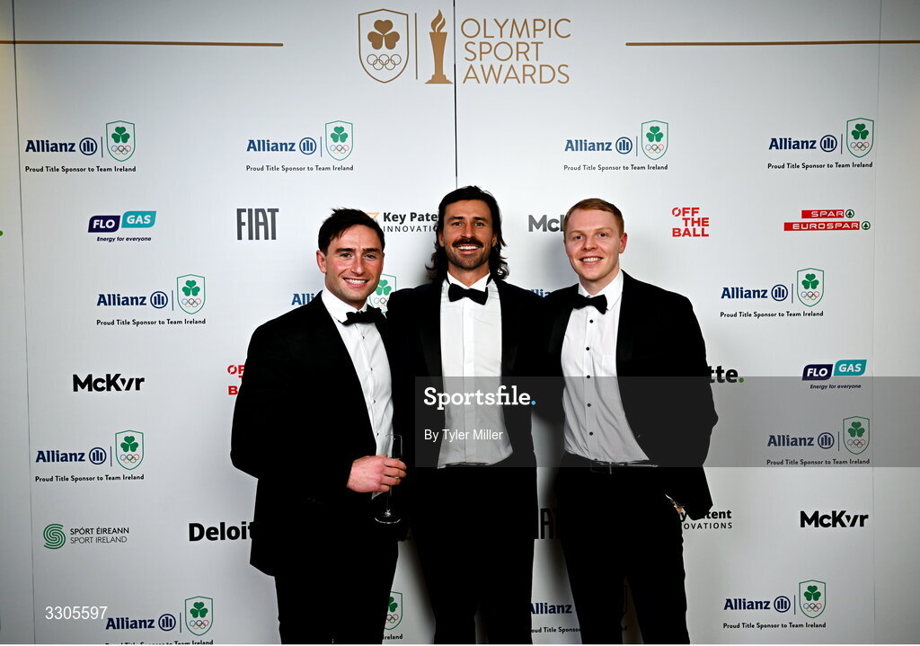 6 December 2025; Rugby Seven's Olympians, from left, Billy Dardis, Olympian and Athletes Commission member Harry McNulty and Gavin Mullin during the Team Ireland Olympic Sport Awards 2025 at The Royal Convention Centre in Dublin. Photo by Tyler Miller/Sportsfile