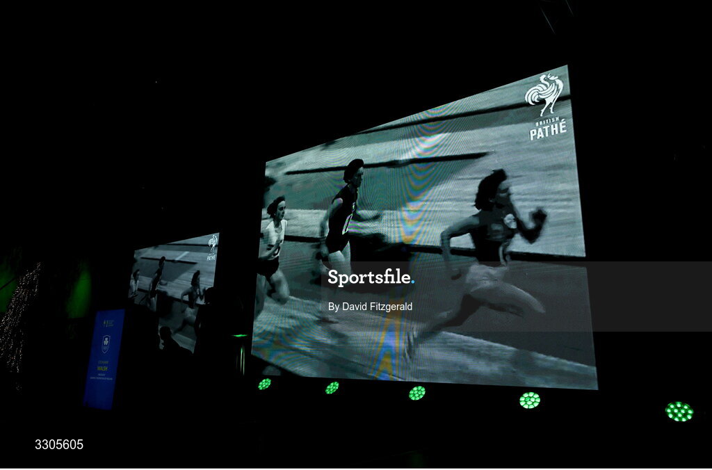6 December 2025; Maeve Kyle is shown on screen after winning the Presidents Award during the Team Ireland Olympic Sport Awards 2025 at The Royal Convention Centre in Dublin. Photo by David Fitzgerald/Sportsfile