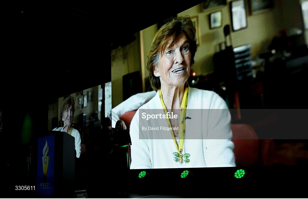 6 December 2025; Maeve Kyle is shown on screen after winning the Presidents Award during the Team Ireland Olympic Sport Awards 2025 at The Royal Convention Centre in Dublin. Photo by David Fitzgerald/Sportsfile