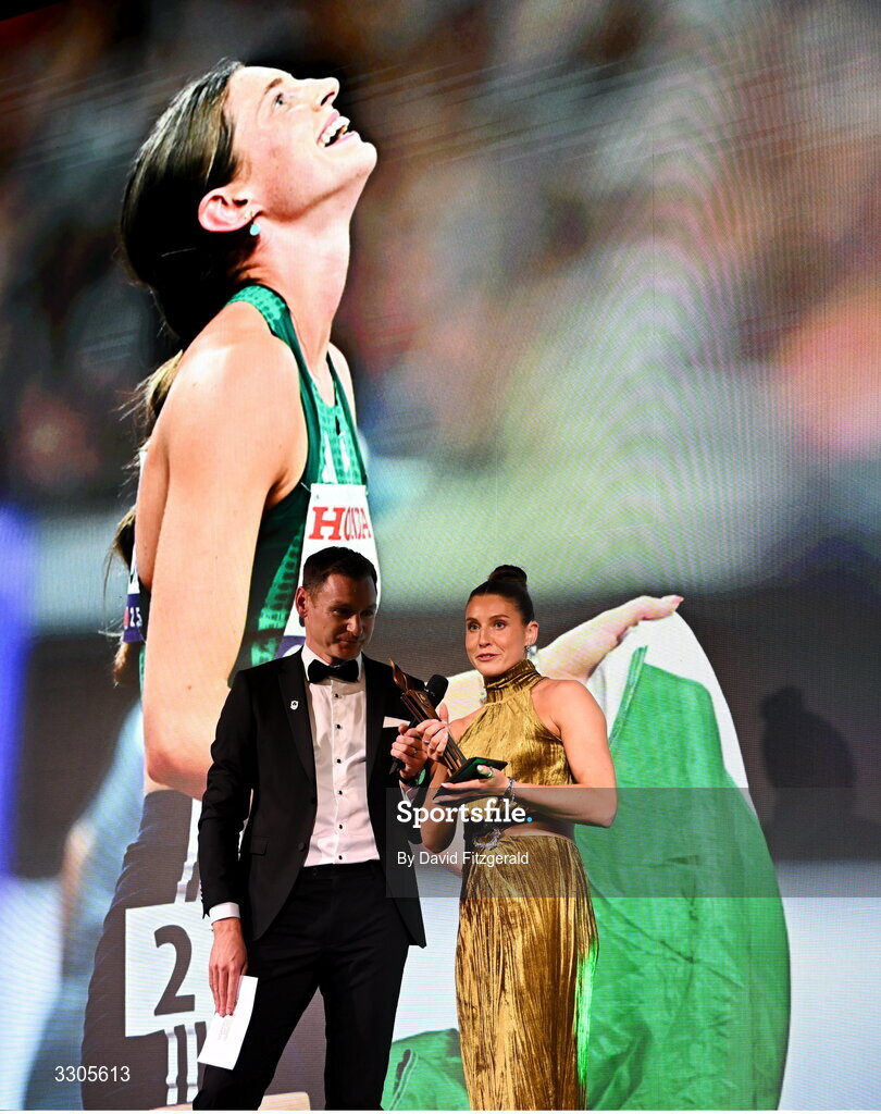6 December 2025; World Silver Medallist in Heptathlon Kate O'Connor is interviewed by MC David Gillick after collecting her Female Athlete of the Year Award, sponsored by Allianz,  during the Team Ireland Olympic Sport Awards 2025 at The Royal Convention Centre in Dublin. Photo by David Fitzgerald/Sportsfile