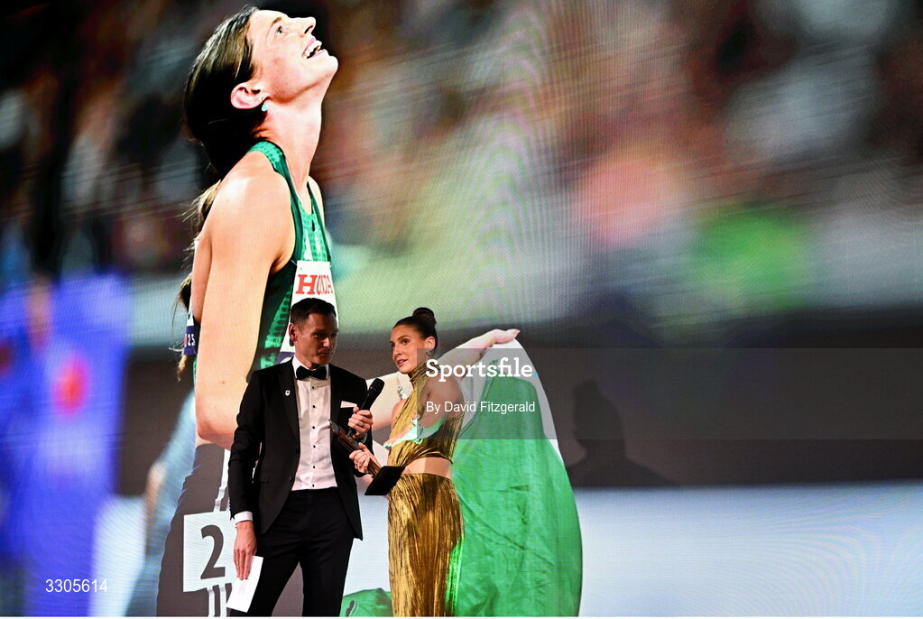 6 December 2025; World Silver Medallist in Heptathlon Kate O'Connor is interviewed by MC David Gillick after collecting her Female Athlete of the Year Award, sponsored by Allianz,  during the Team Ireland Olympic Sport Awards 2025 at The Royal Convention Centre in Dublin. Photo by David Fitzgerald/Sportsfile