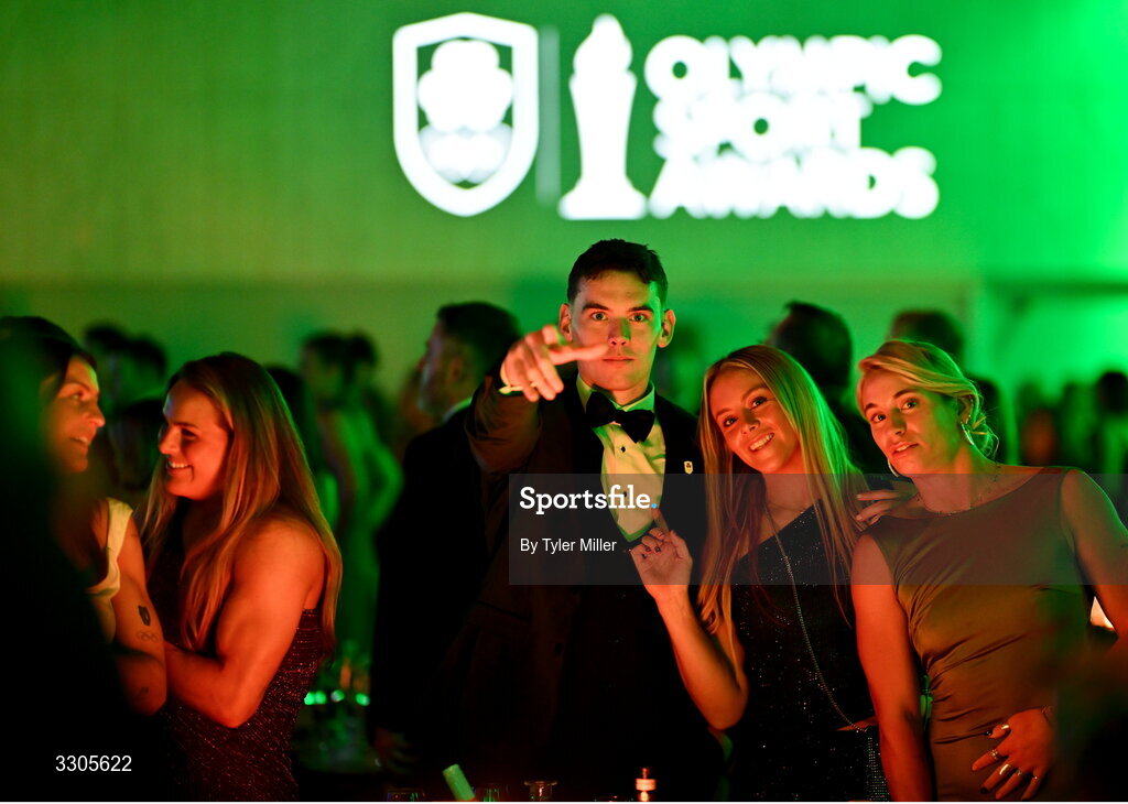 6 December 2025; Olympians Ross Corrigan, Stacey Flood and Kathy Baker during the Team Ireland Olympic Sport Awards 2025 at The Royal Convention Centre in Dublin. Photo by Tyler Miller/Sportsfile