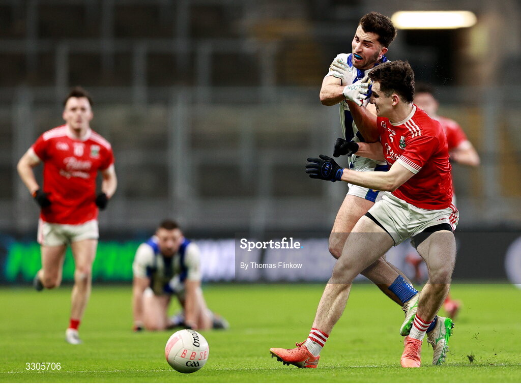 6 December 2025; Alex Gavin of Ballyboden St Enda’s is tackled by Padraic Spillane of Athy during the AIB Leinster GAA Football Senior Club Championship final match between Athy of Kildare and Ballyboden St Enda's of Dublin at Croke Park in Dublin. Photo by Thomas Flinkow/Sportsfile
